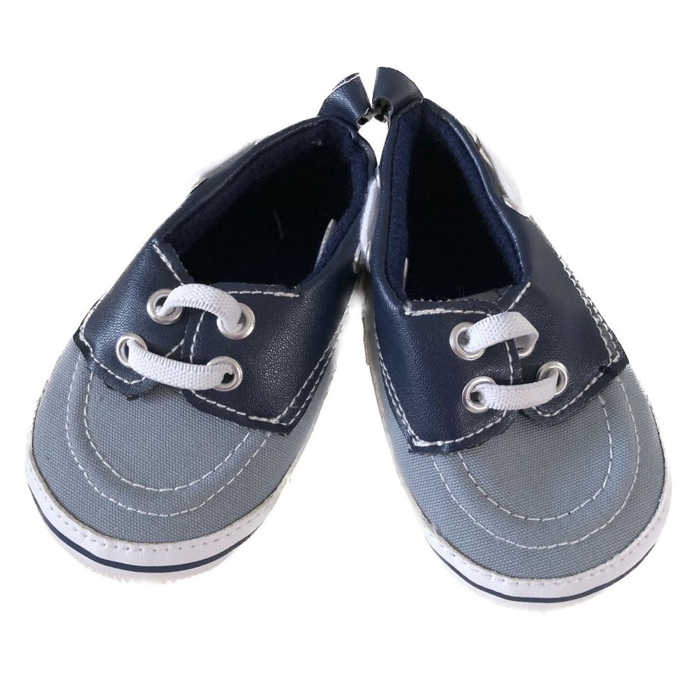 HB Boys Crib Shoes Navy Blue Grey Elastic Lace For Slip On Action 0-6M